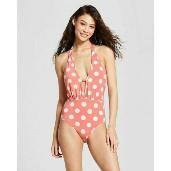 Sunn Lab Antique Pink Polka Dot One Piece Swimsuit Plunge Size Small NEW - Picture 1 of 3